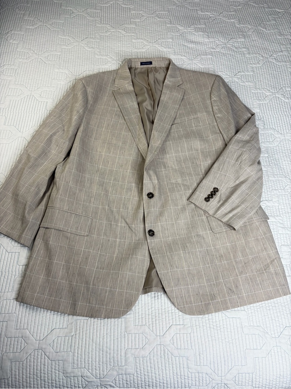52R Linen Blend Stafford Beige Tan Slim Fit Windowpane Jacket Sport Coat Blazer